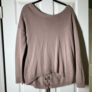 Lavender Express sweater with lace up back detail